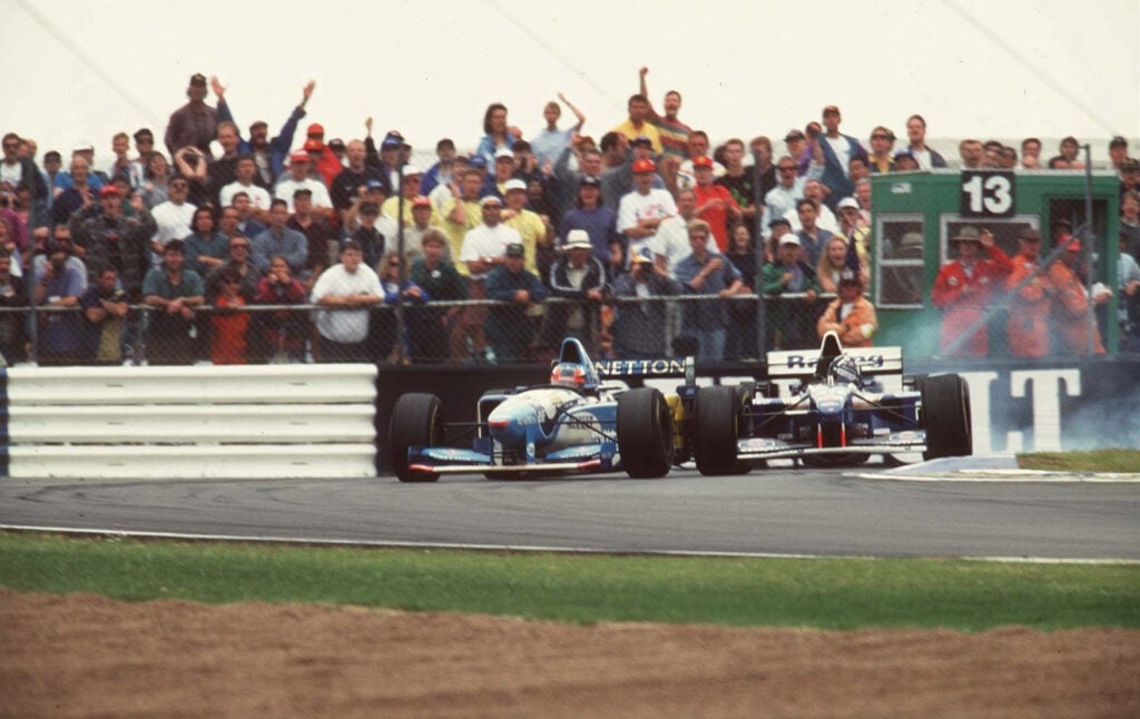 Damon Hill collides with Michael Schumacher at 1995 British GP.