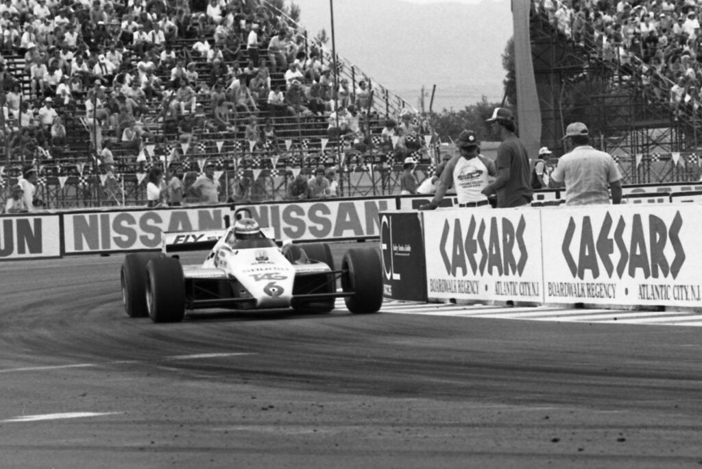 Keke Rosberg driving his Williams F1 car at the Grand Prix of Caesars Palace in 1982